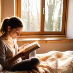 **

A person sitting in a cozy, tech-free bedroom. Sunlight streams through the window onto a bookshelf filled with books. They are reading a physical book, a cup of tea sits on the bedside table. The atmosphere is calm and inviting, emphasizing intentional disconnection. The color palette is warm and muted.

**