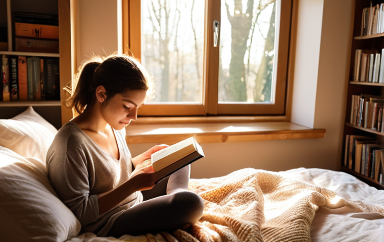 **
A person sitting in a cozy, tech-free bedroom. Sunlight streams through the window onto a bookshelf filled with books. They are reading a physical book, a cup of tea sits on the bedside table. The atmosphere is calm and inviting, emphasizing intentional disconnection. The color palette is warm and muted.
**