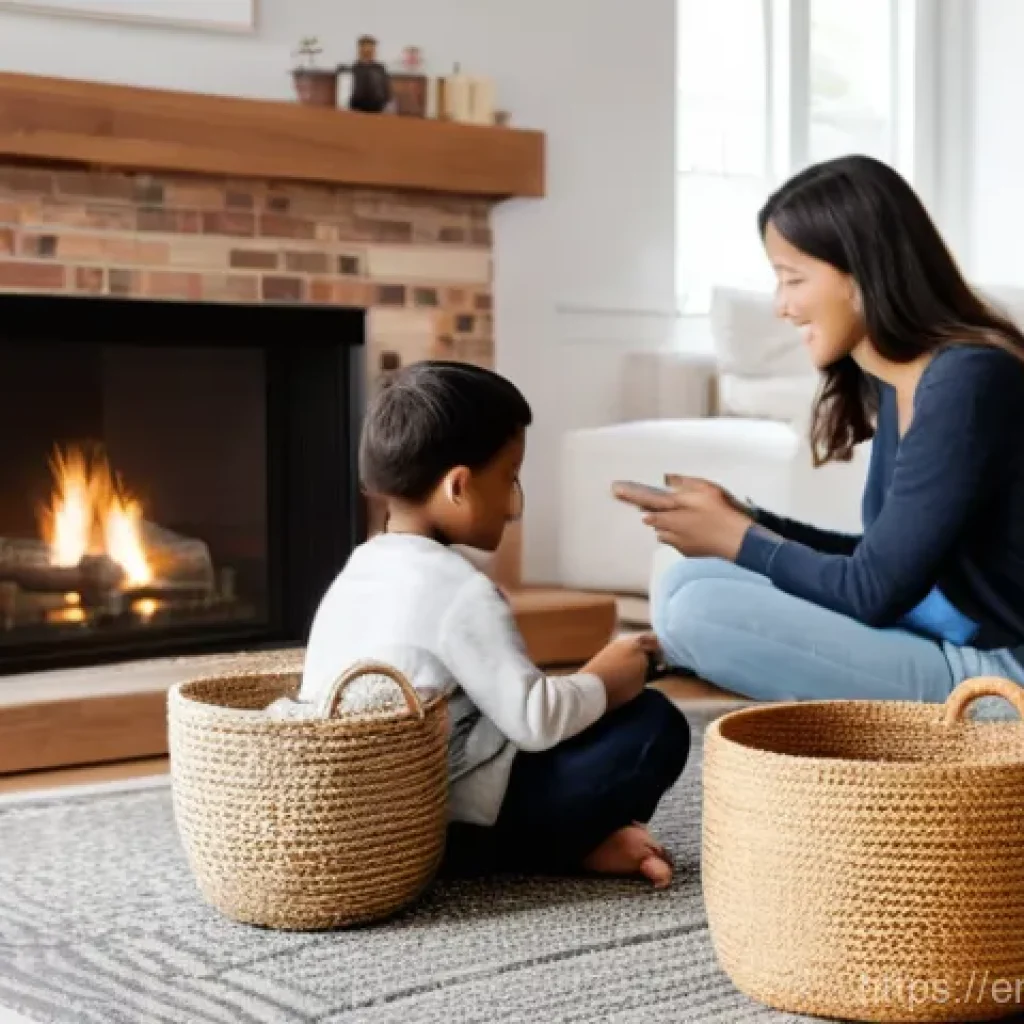 느림의 테크놀로지와 행복한 삶을 위한 팁 - **Prompt:** A serene and warmly lit living room in a modern home, designed as a digital-free sanctua...