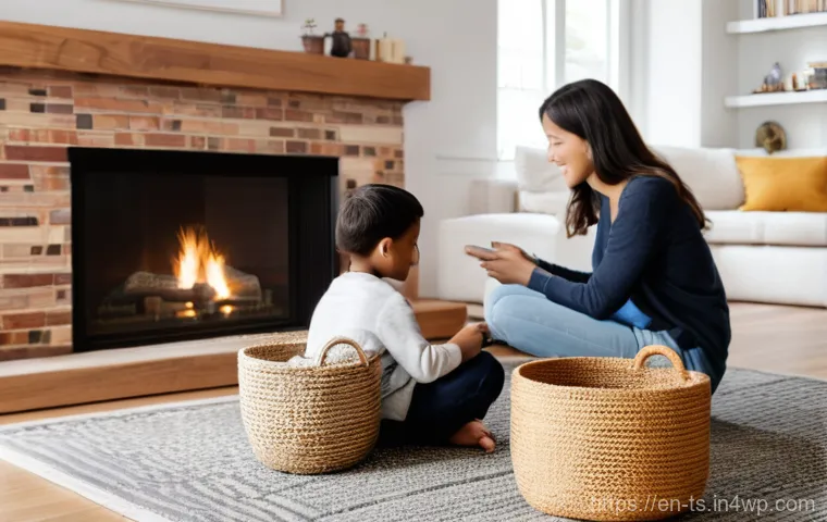 느림의 테크놀로지와 행복한 삶을 위한 팁 - **Prompt:** A serene and warmly lit living room in a modern home, designed as a digital-free sanctua...