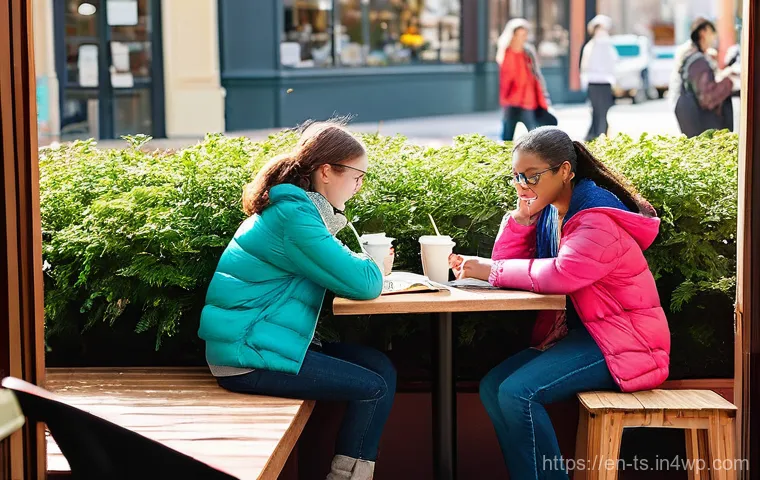 느림의 테크놀로지와 지역 사회의 발전 - **Prompt:** A cozy, sunlit neighborhood coffee shop where diverse patrons, from teenagers to seniors...