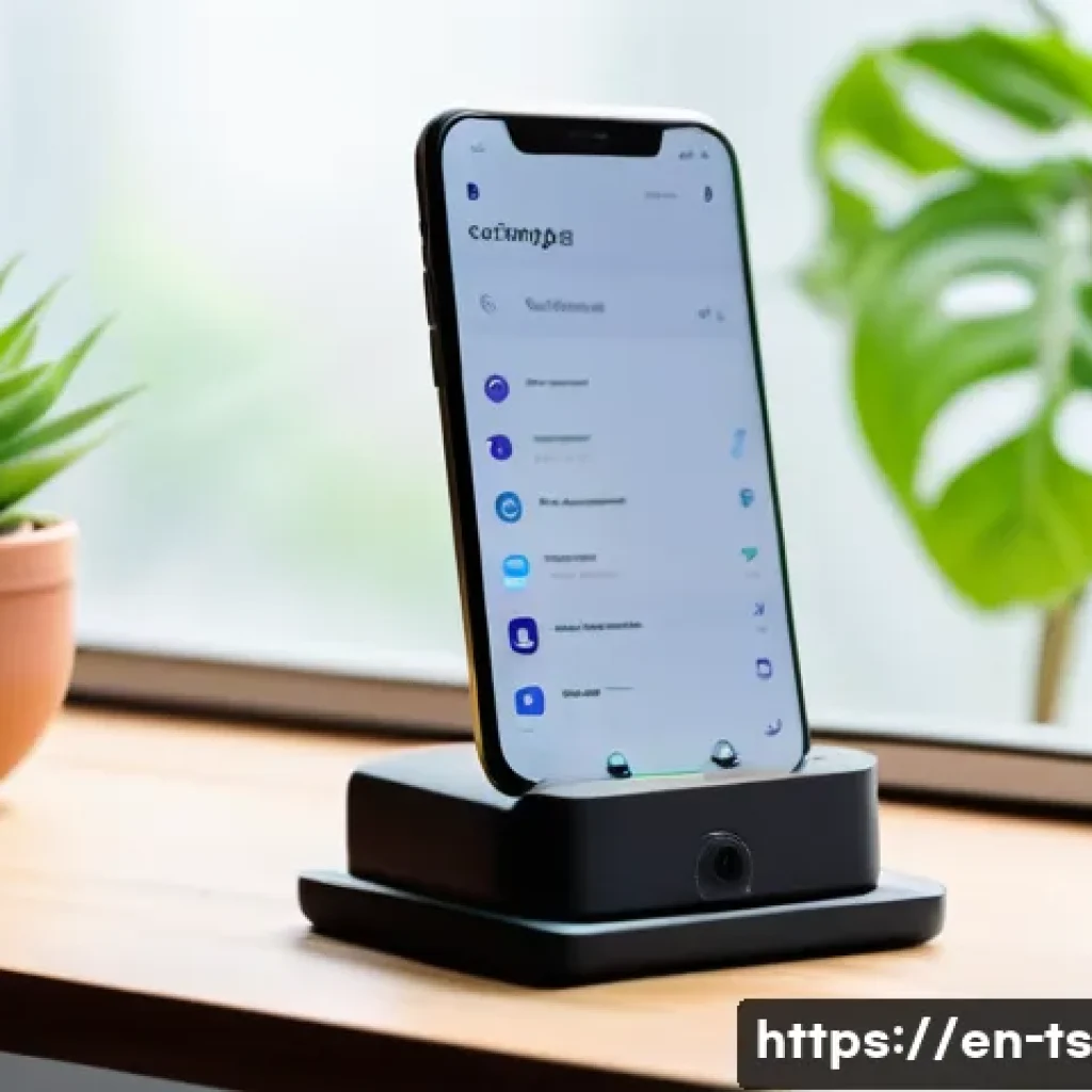 느림의 테크놀로지와 사회적 책임 - A serene workspace featuring a minimalist smartphone with a modular design on a wooden desk, surroun...