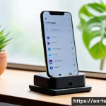 느림의 테크놀로지와 사회적 책임 - A serene workspace featuring a minimalist smartphone with a modular design on a wooden desk, surroun...