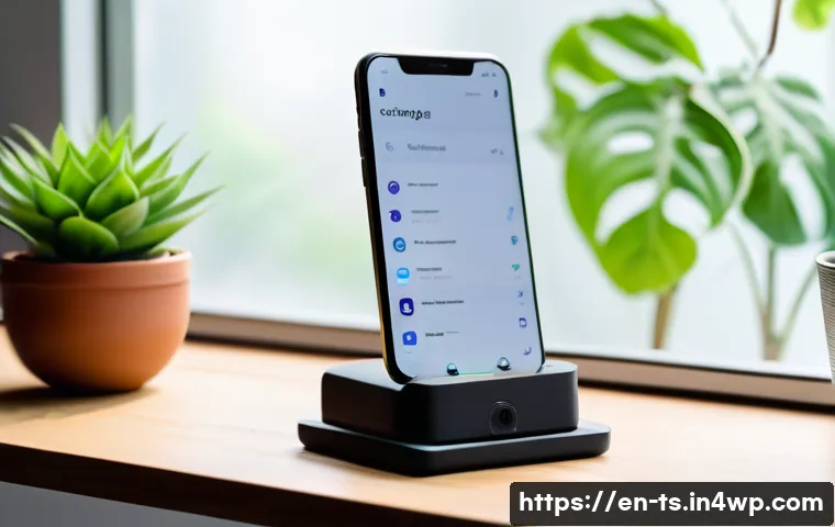 느림의 테크놀로지와 사회적 책임 - A serene workspace featuring a minimalist smartphone with a modular design on a wooden desk, surroun...