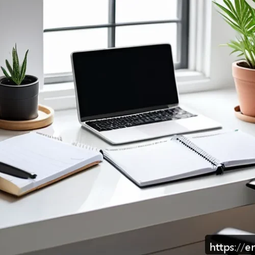 느림의 테크놀로지와 새로운 소비 패턴 - A serene modern workspace bathed in natural sunlight, featuring a minimalist desk with a sleek smart...